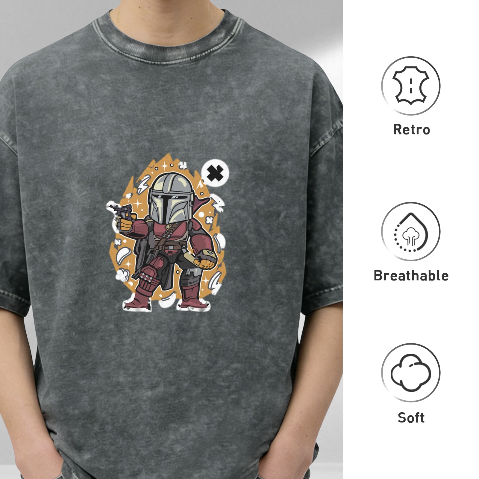 Washed Black T-Shirt with Chibi Mandalorian Graphic Print