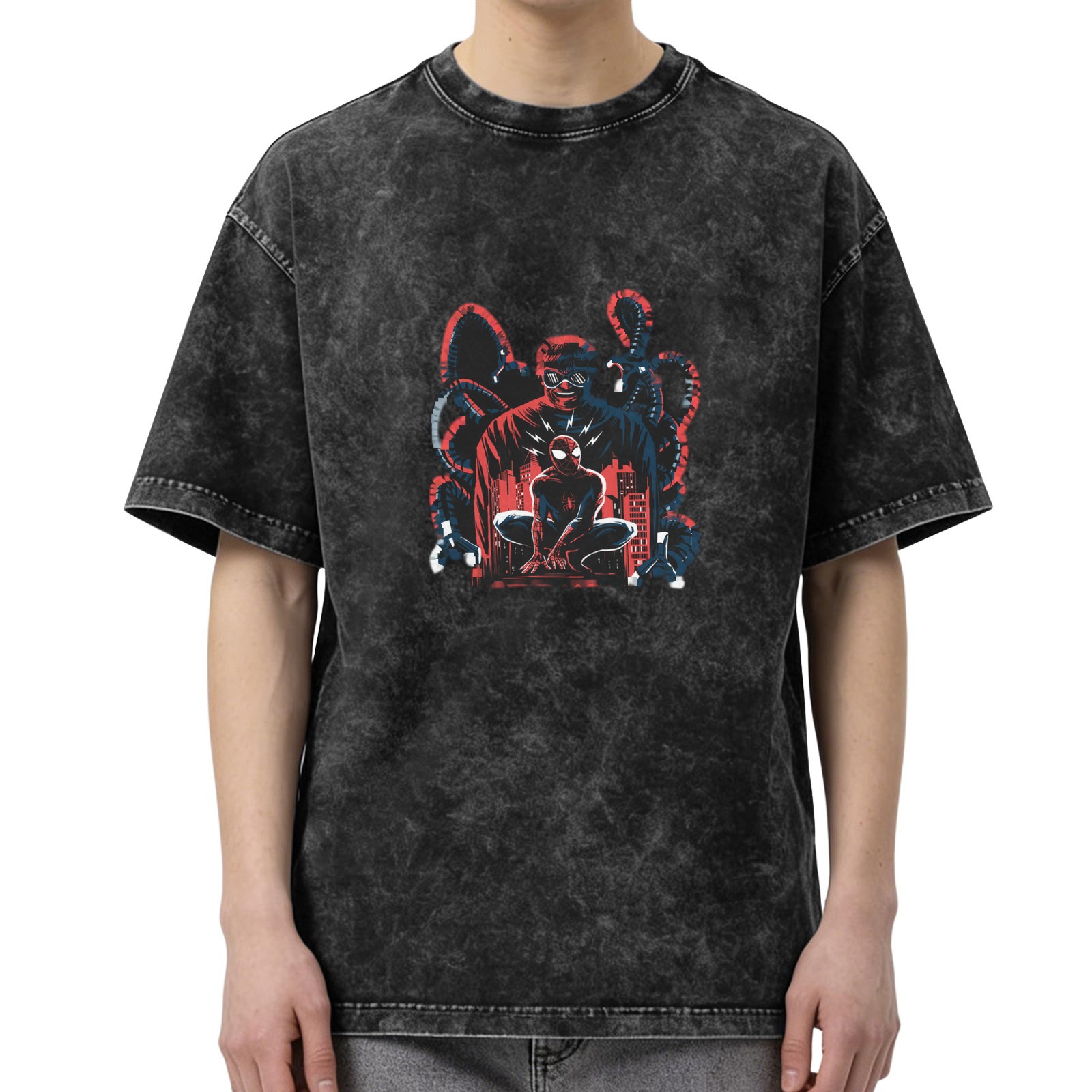 Oversized Stonewashed T-Shirt with Spider-Man vs Doctor Octopus Graphic