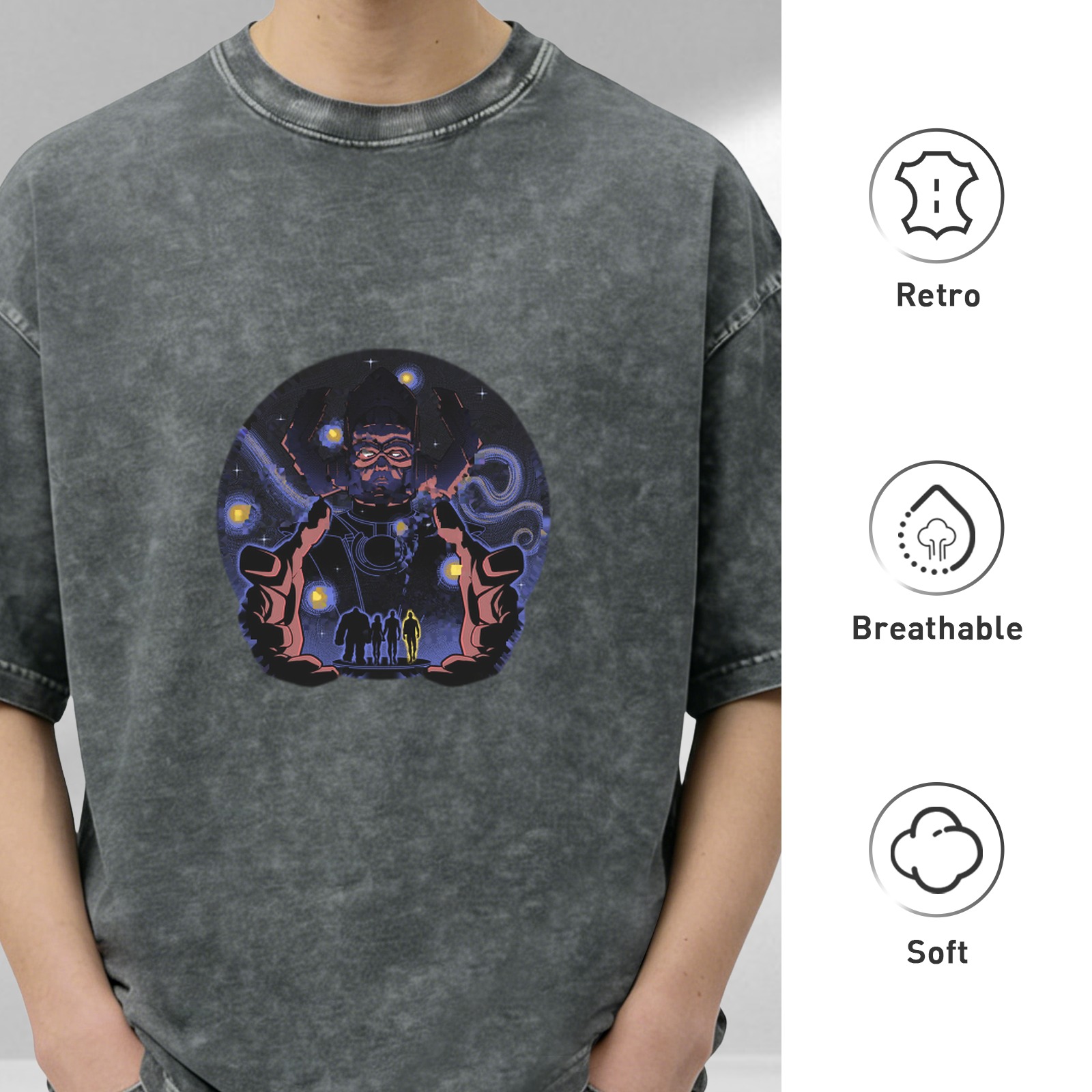 Washed Black Graphic Tee With Cosmic Villain And Silhouette Figures Print