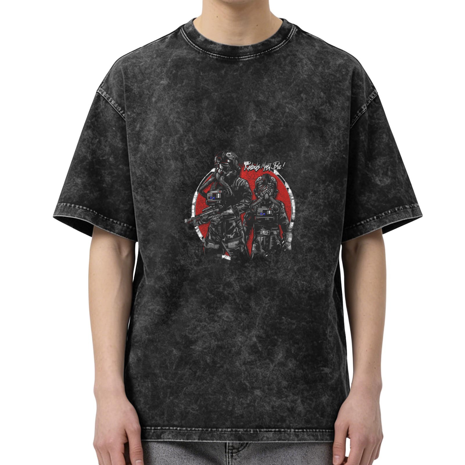 Washed black graphic t-shirt with sci-fi soldier print design