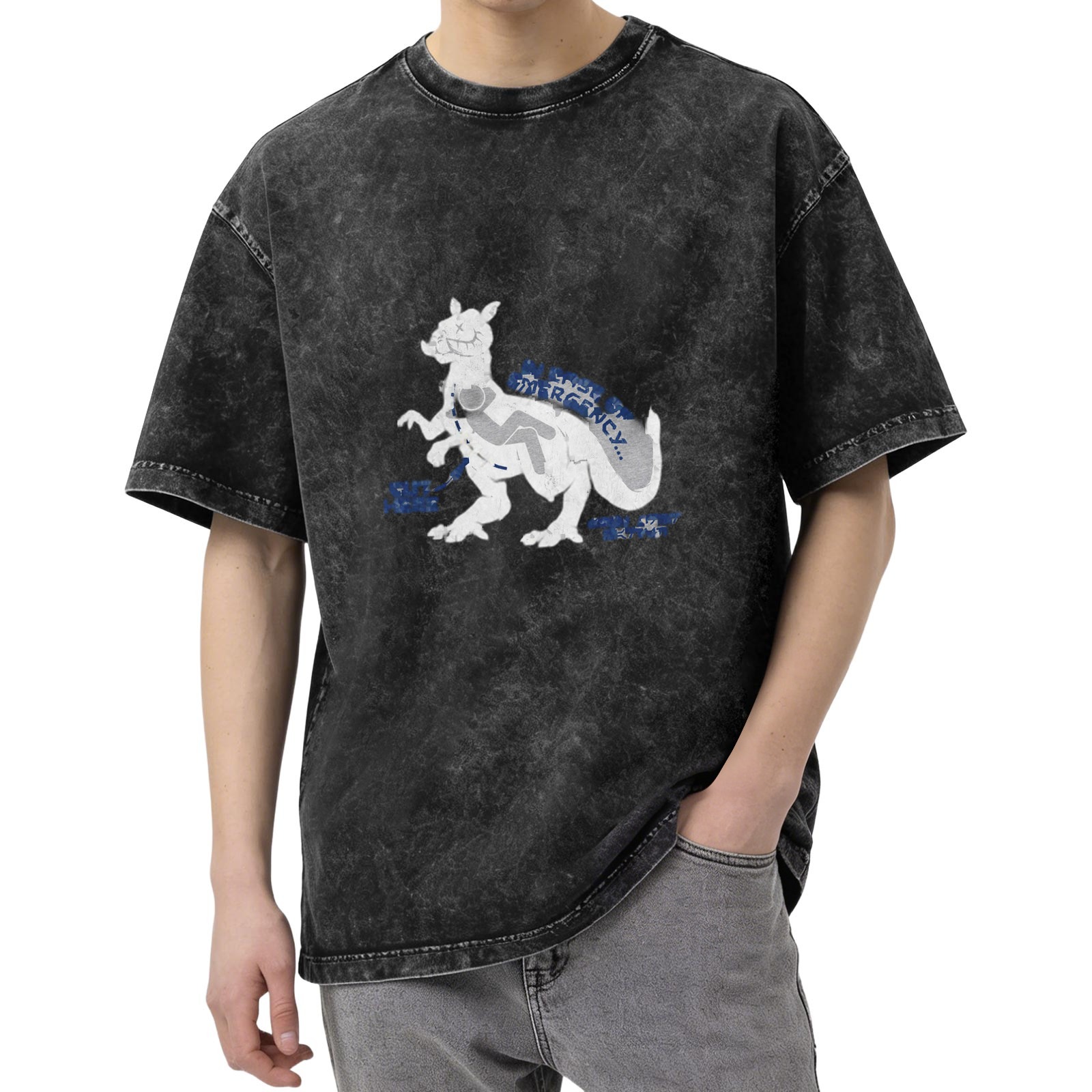 Oversized Acid Wash Graphic T-Shirt with Dinosaur Print