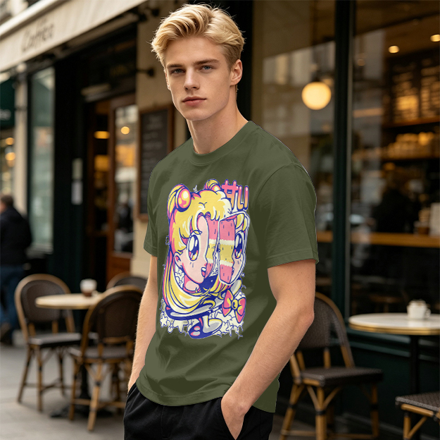 Olive T-Shirt With Glitch Anime Girl Graphic Print