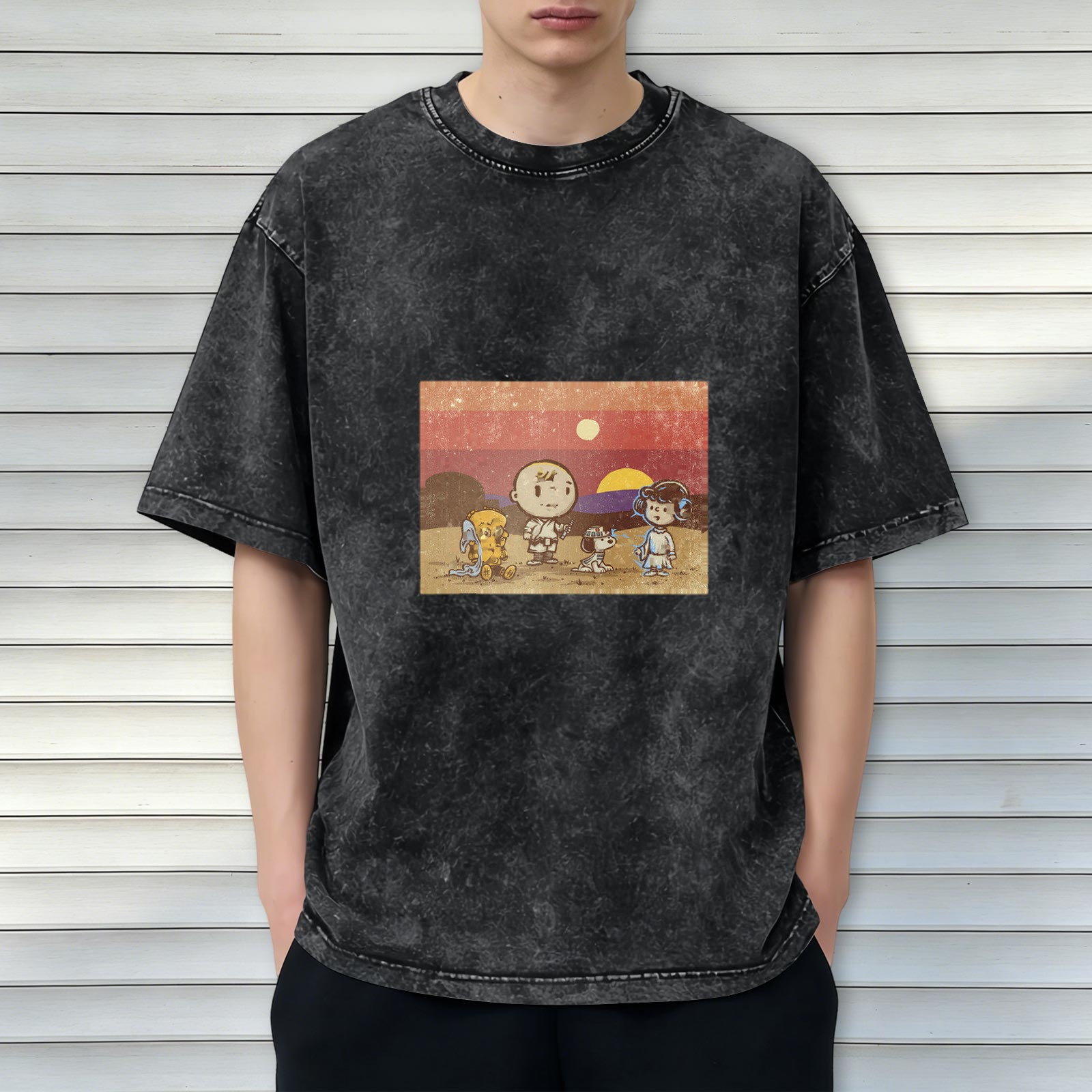 Vintage Washed T-Shirt with Peanuts Star Wars Mashup Desert Sunset Graphic