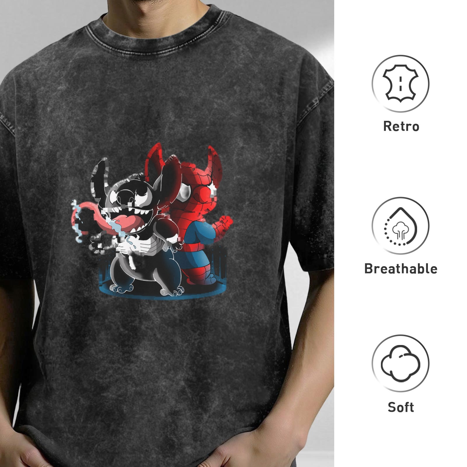 Oversized Acid Wash T-Shirt with Stitch Venom and Spider-Man Graphic