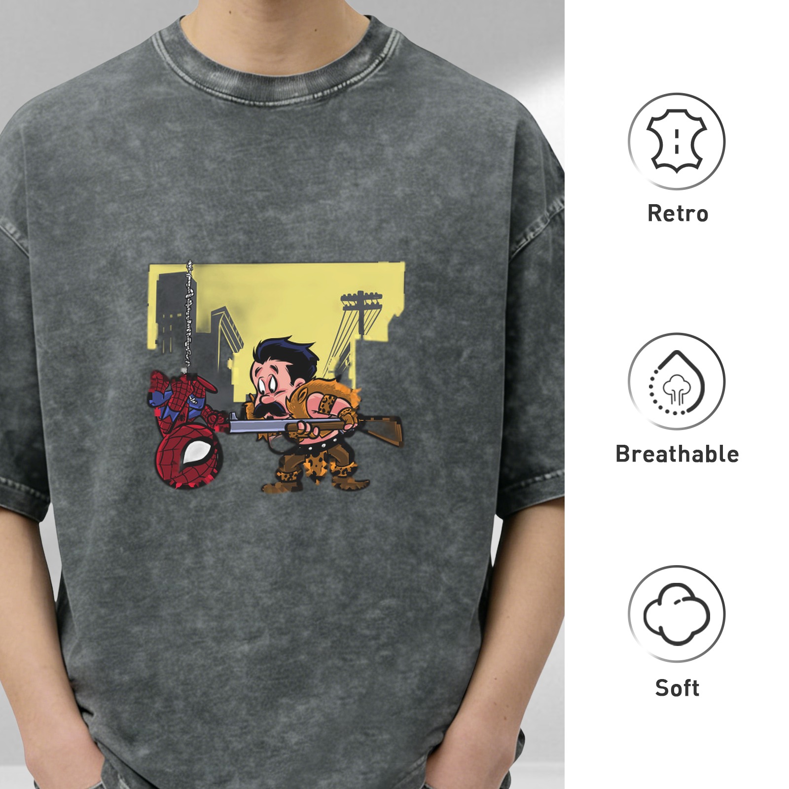 Washed black graphic tee with Spider-Man and hunter cartoon print