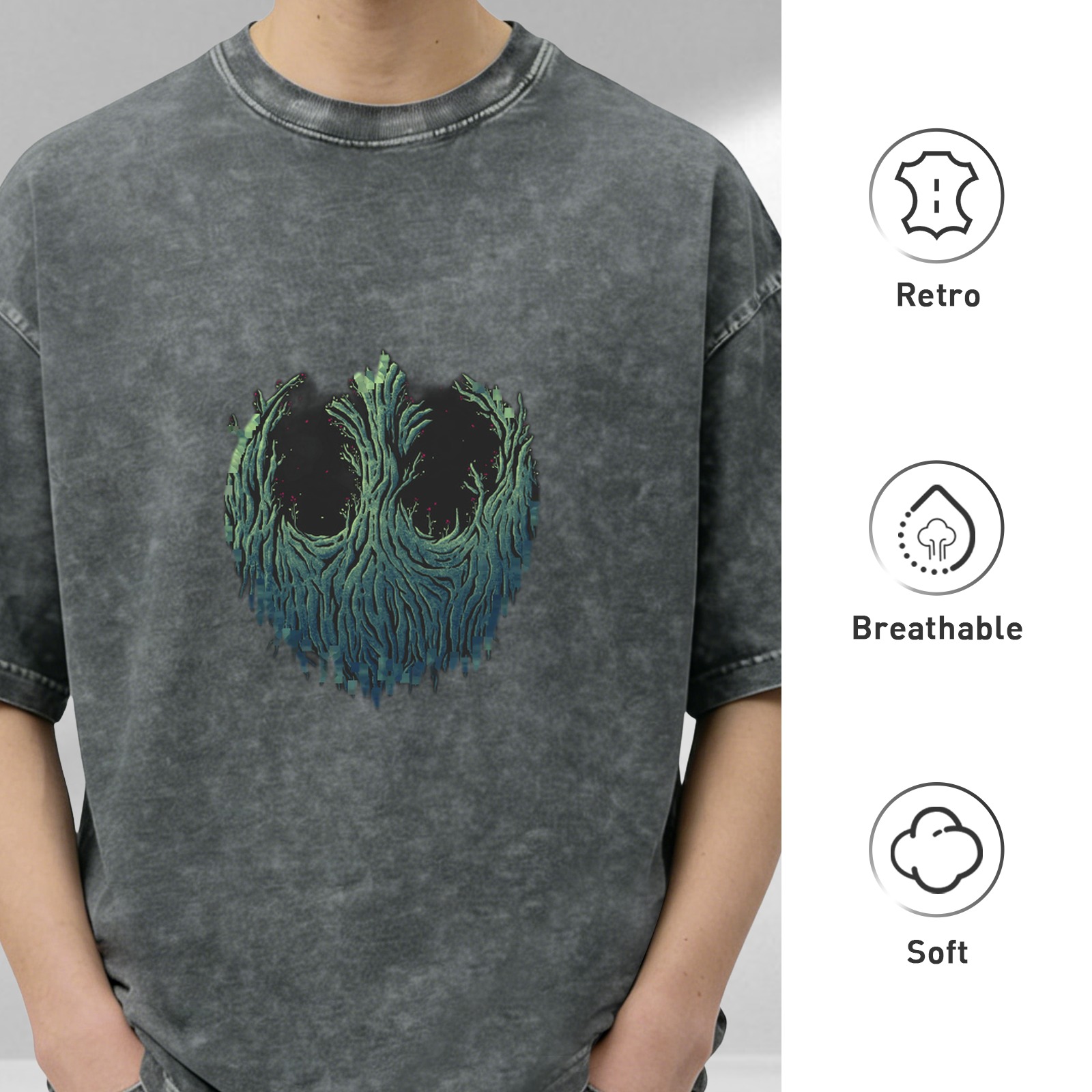 Oversized Acid Wash T-Shirt With Tree Face Graphic Print