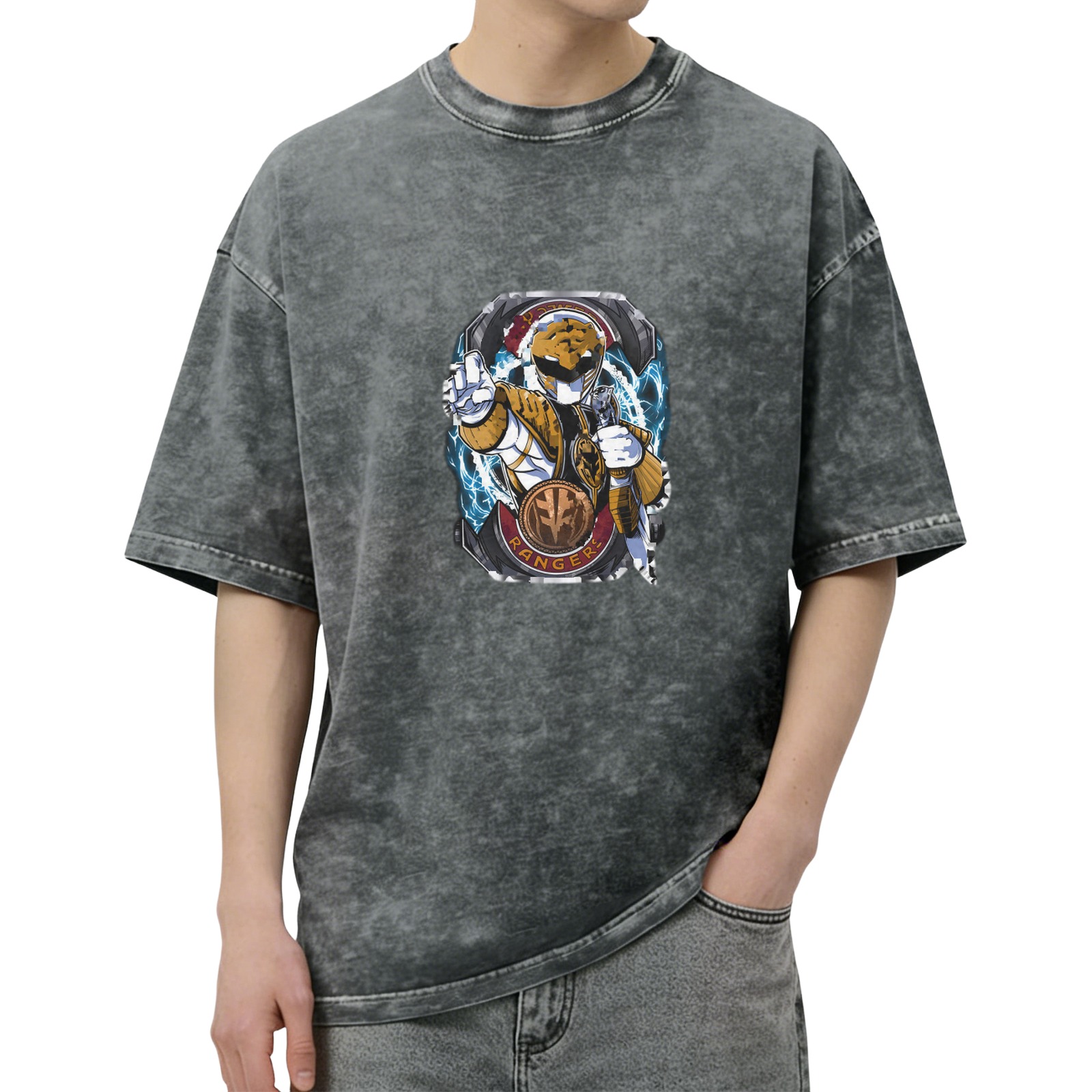 Oversized Stonewashed T-Shirt with White Power Ranger Graphic