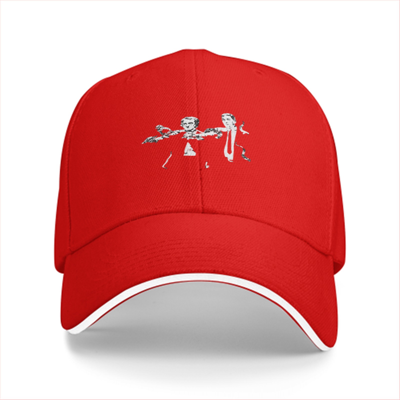 Black Baseball Cap With Two Figures Graphic Print Design