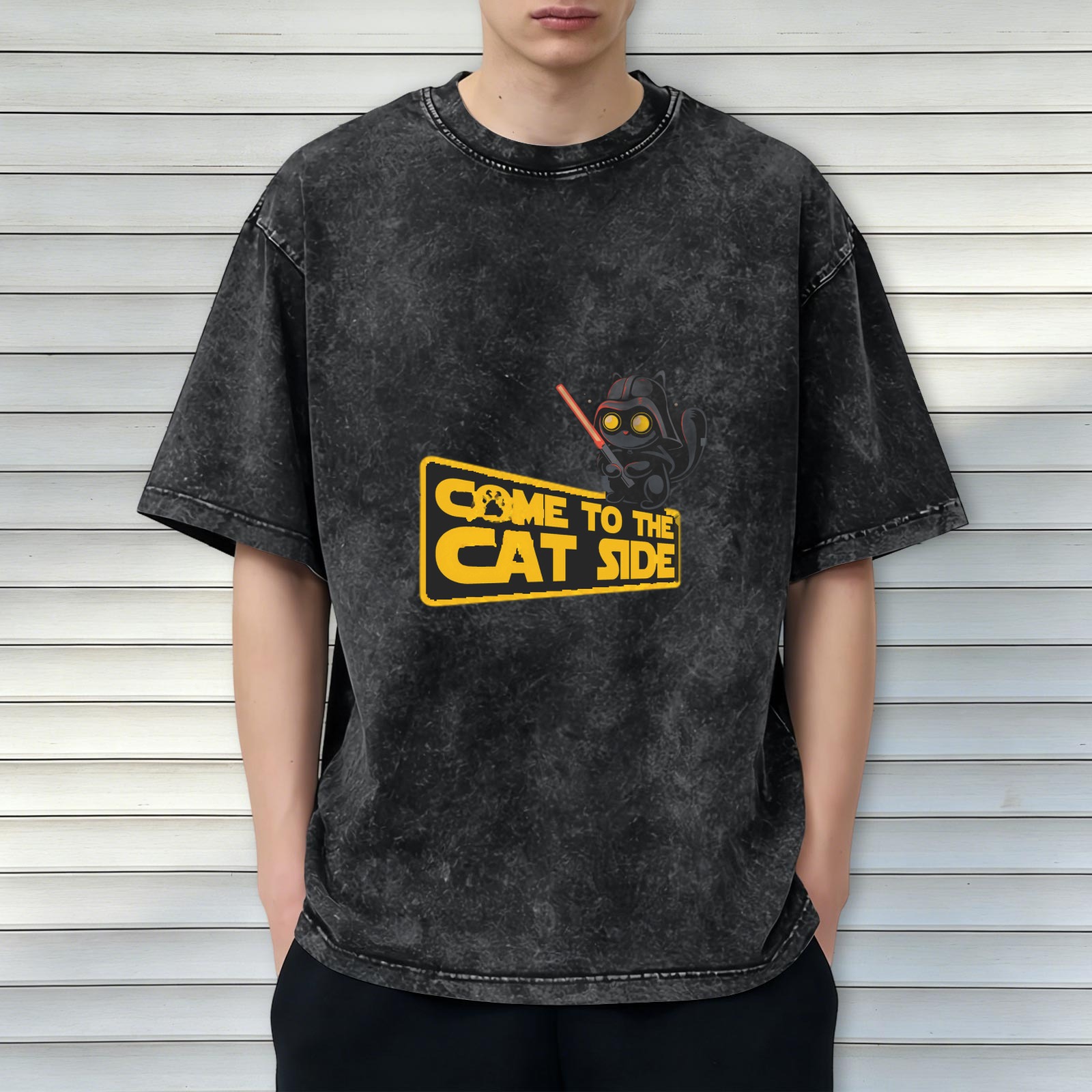 Come to the Cat Side Star Wars Parody Acid Wash Graphic T-Shirt