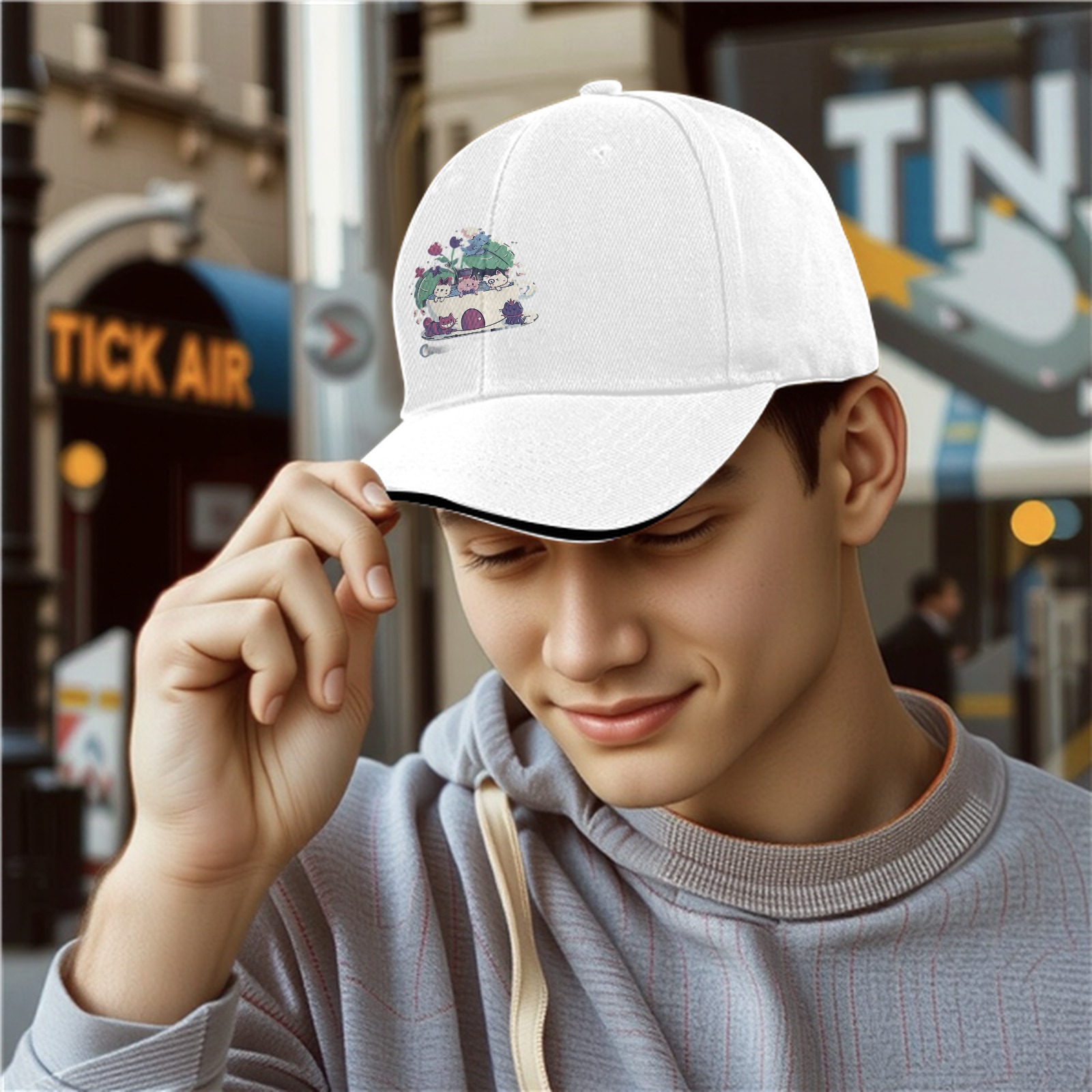 Black Baseball Cap With Cute Teacup Kittens Graphic