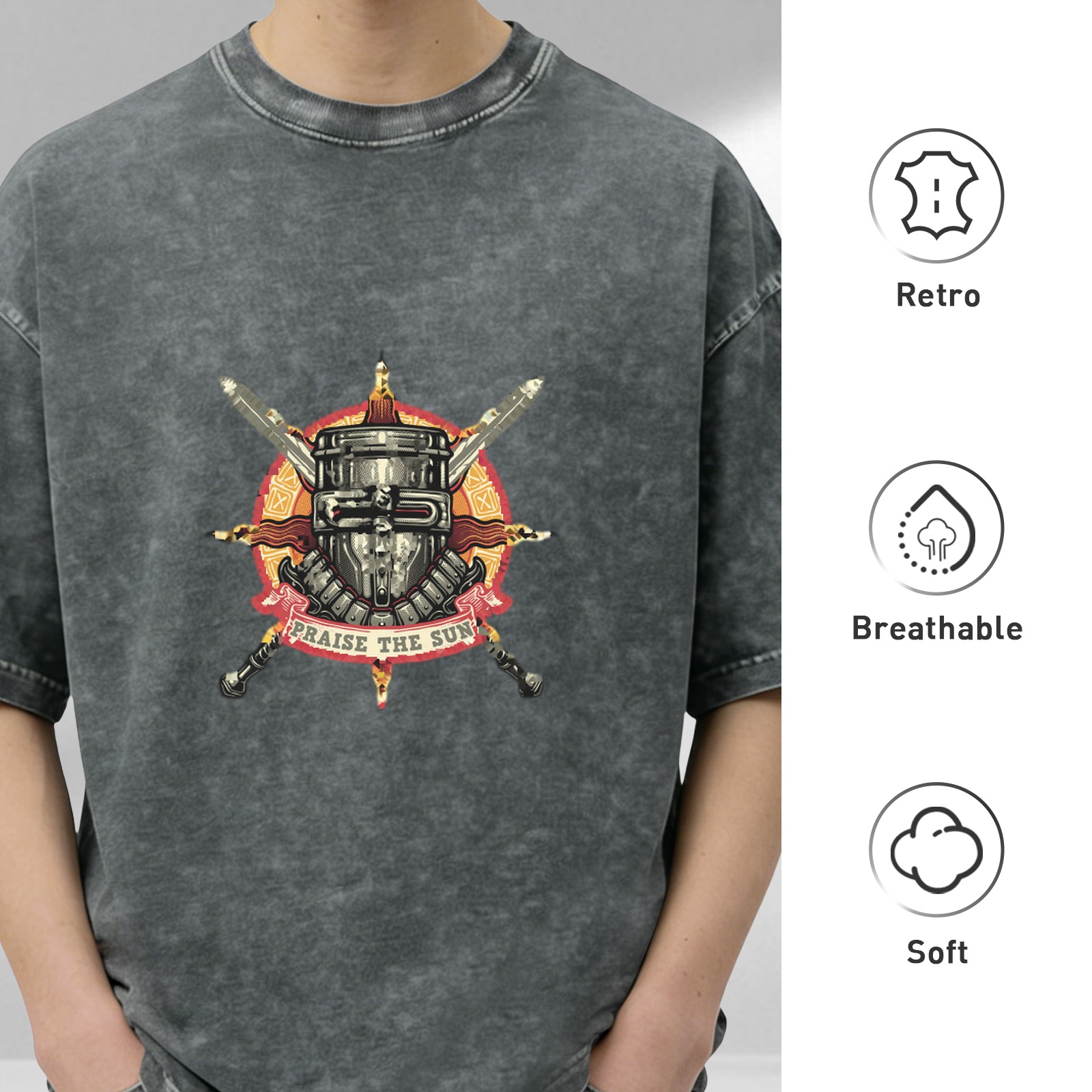 Dark Wash T-Shirt With Praise The Sun Knight Helmet Graphic