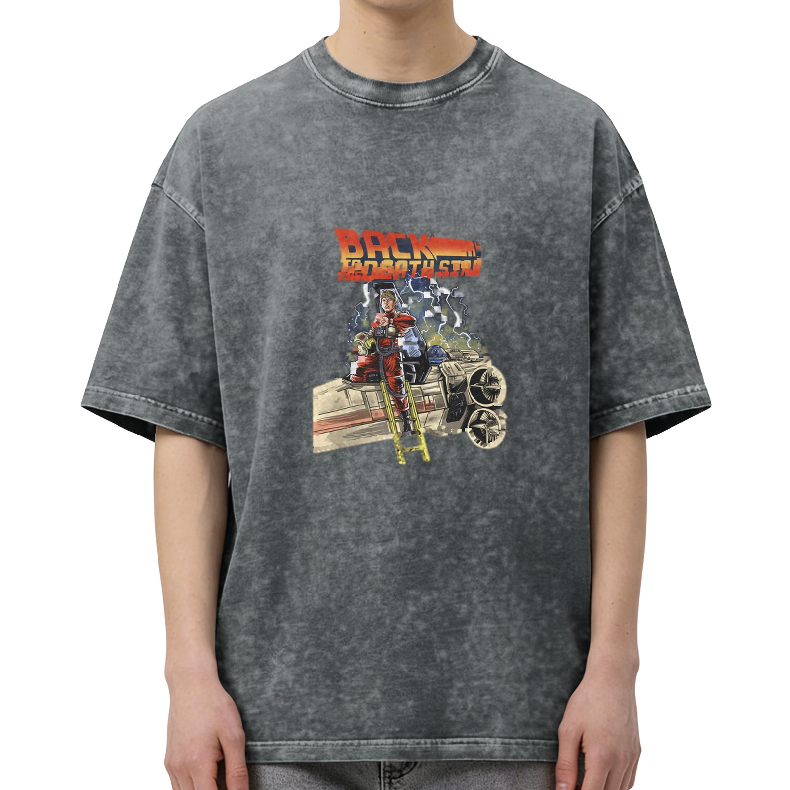 Distressed washed black retro printed short-sleeved T-shirt American street style loose casual top