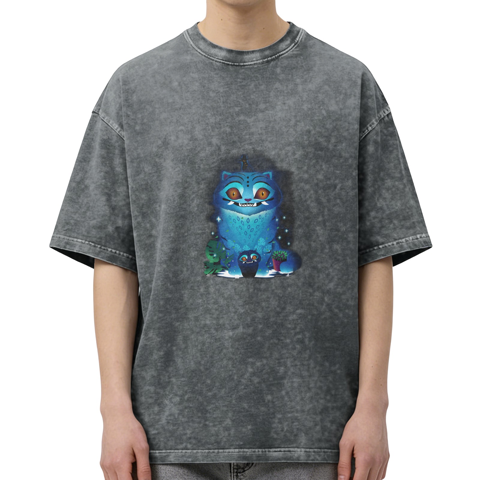 Distressed washed black loose short-sleeved T-shirt blue cat cartoon print trendy top