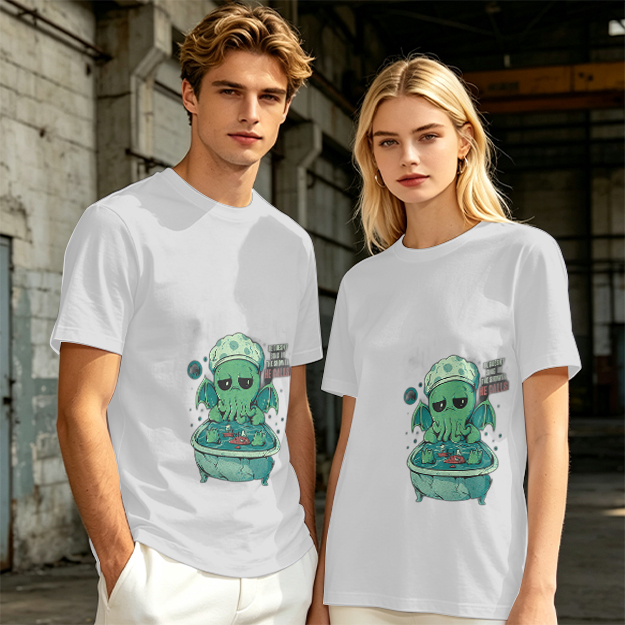 Olive T-shirt with Cute Sad Cthulhu Bathing Graphic