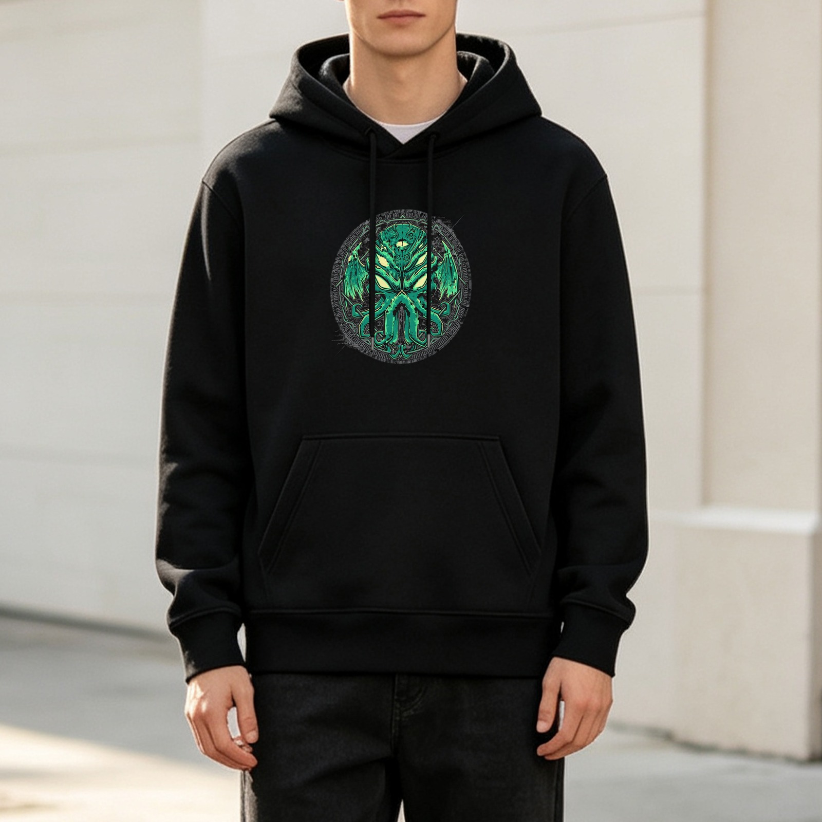 Black Hoodie With Green Cthulhu Monster Emblem Print