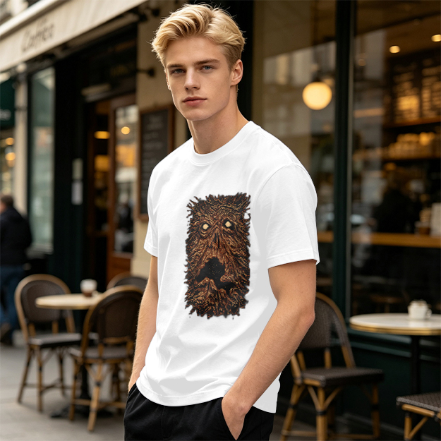 Olive Green T-Shirt with Spooky Tree Monster Face Print