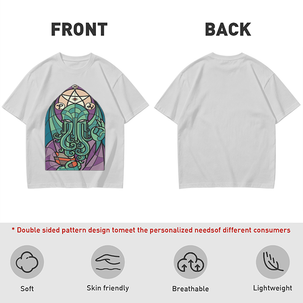 Olive T-Shirt with Stained Glass Style Cthulhu Occult Print