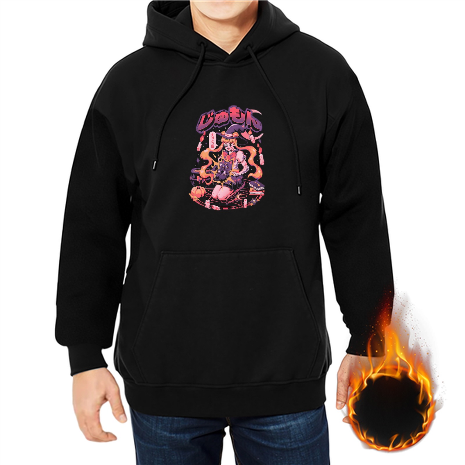 Black Hoodie with Anime Witch Themed Graphic Print