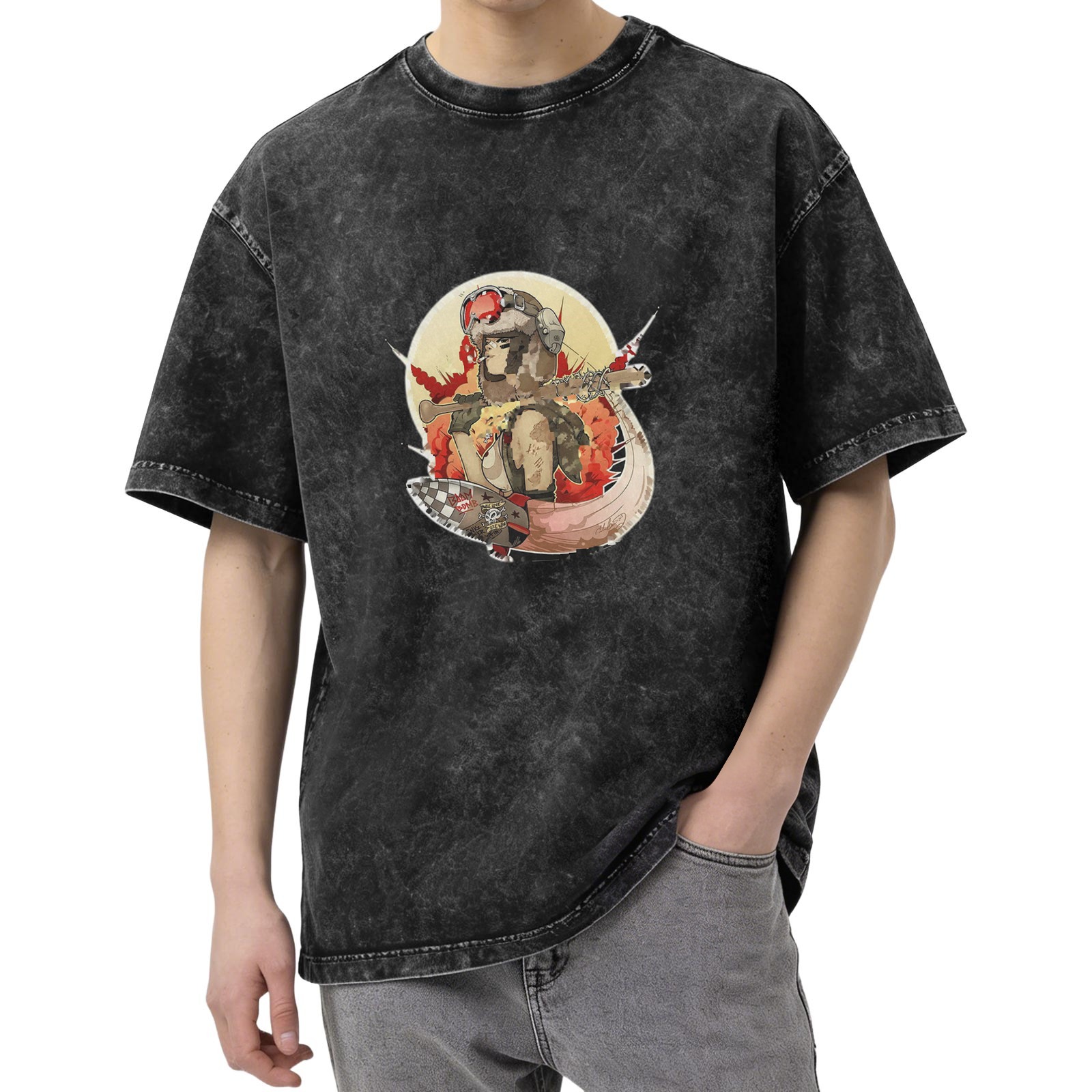 Oversized Acid Wash T-Shirt with Retro Pilot Graphic Print