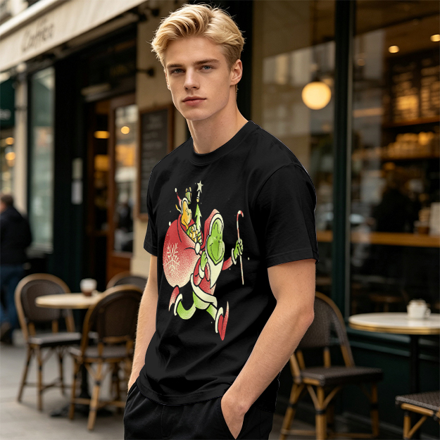 Olive T-shirt with Grinch Santa Christmas Graphic Design