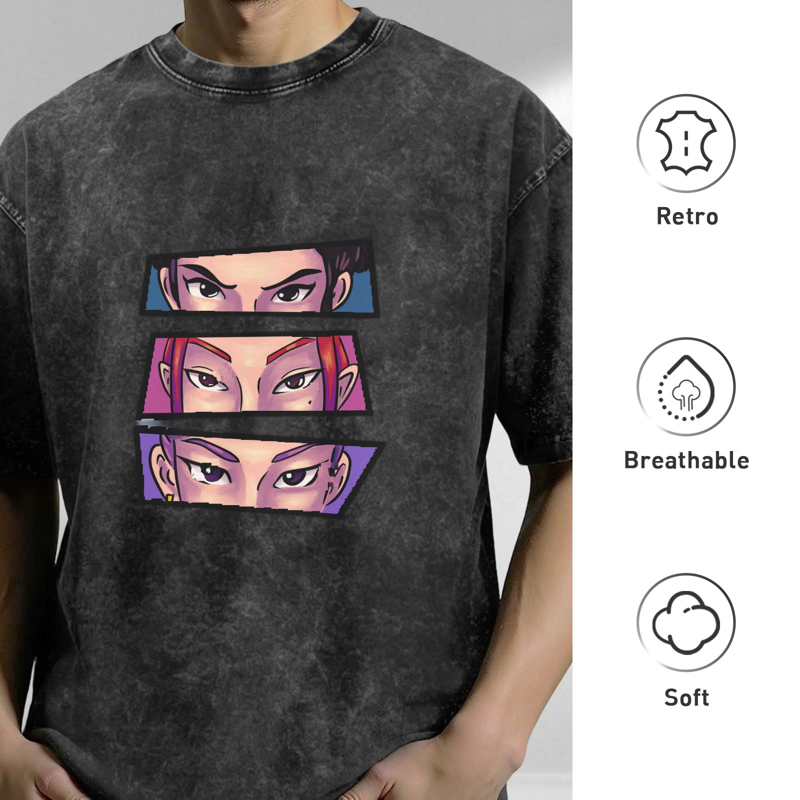 Oversized Acid Wash T-Shirt With Anime Eyes Graphic Print