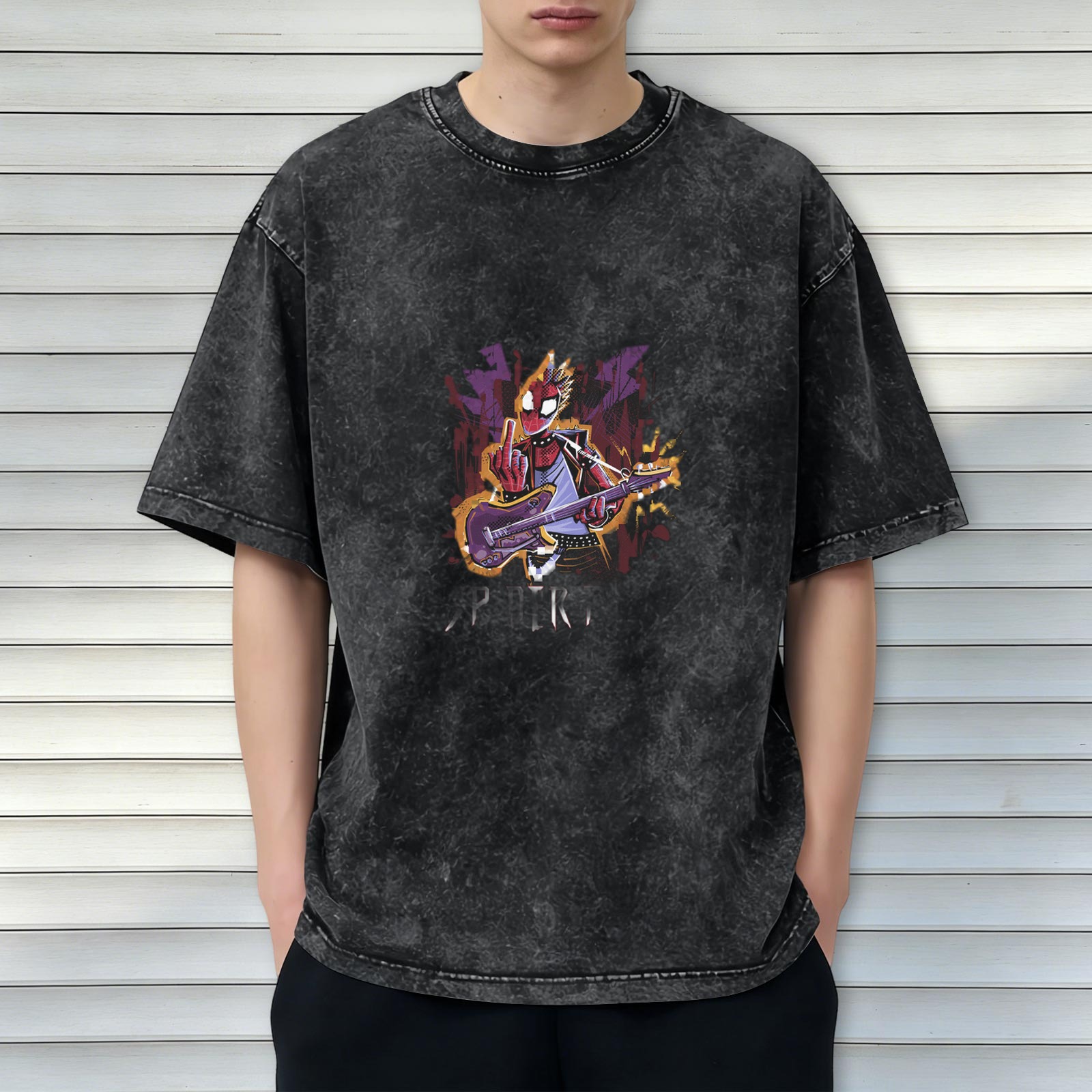 Distressed washed rock Spider-Man punk print short-sleeved T-shirt