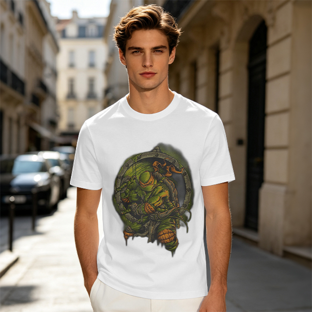 Olive Green T-Shirt With Ninja Turtle Porthole Graphic