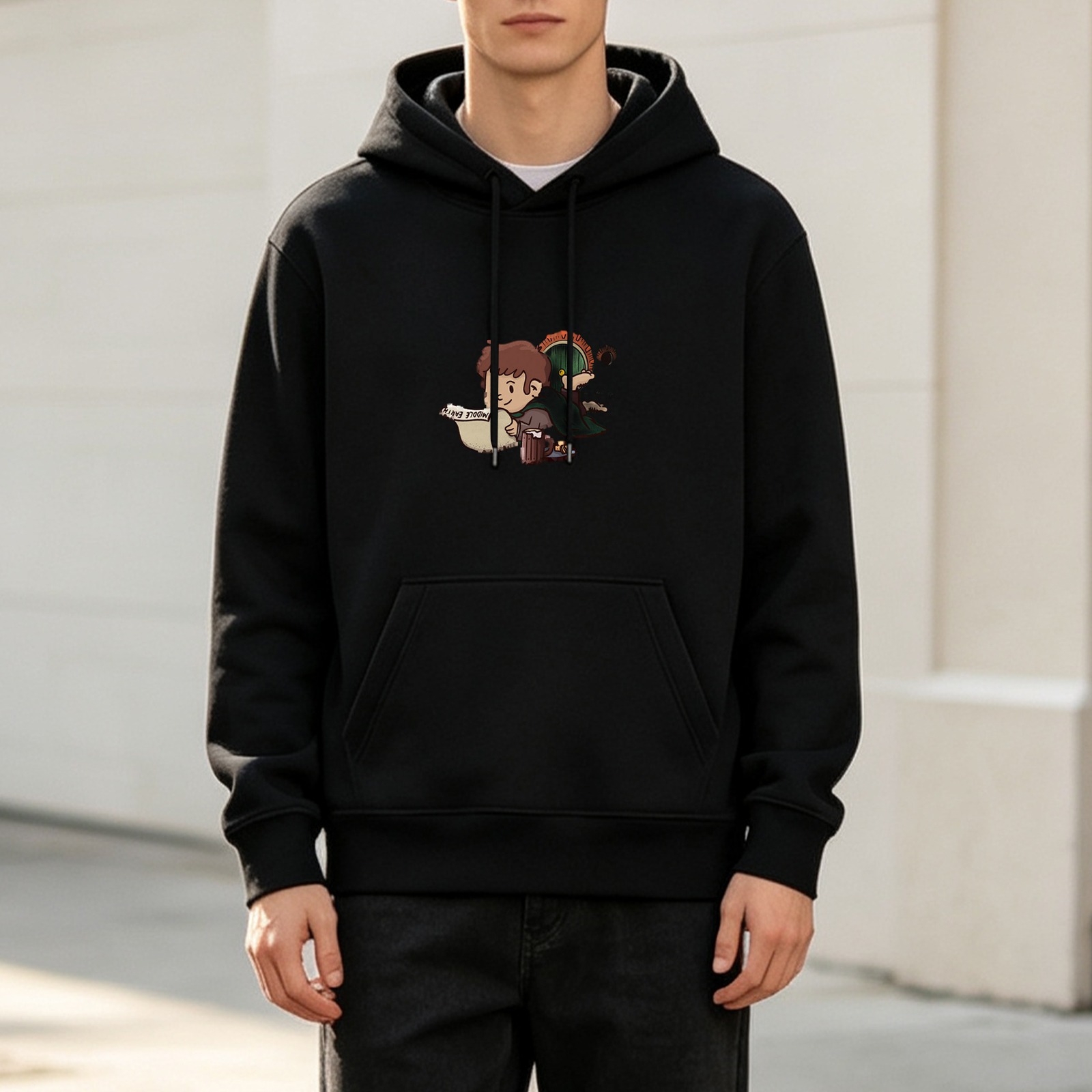 Black hoodie with cute hobbit character print
