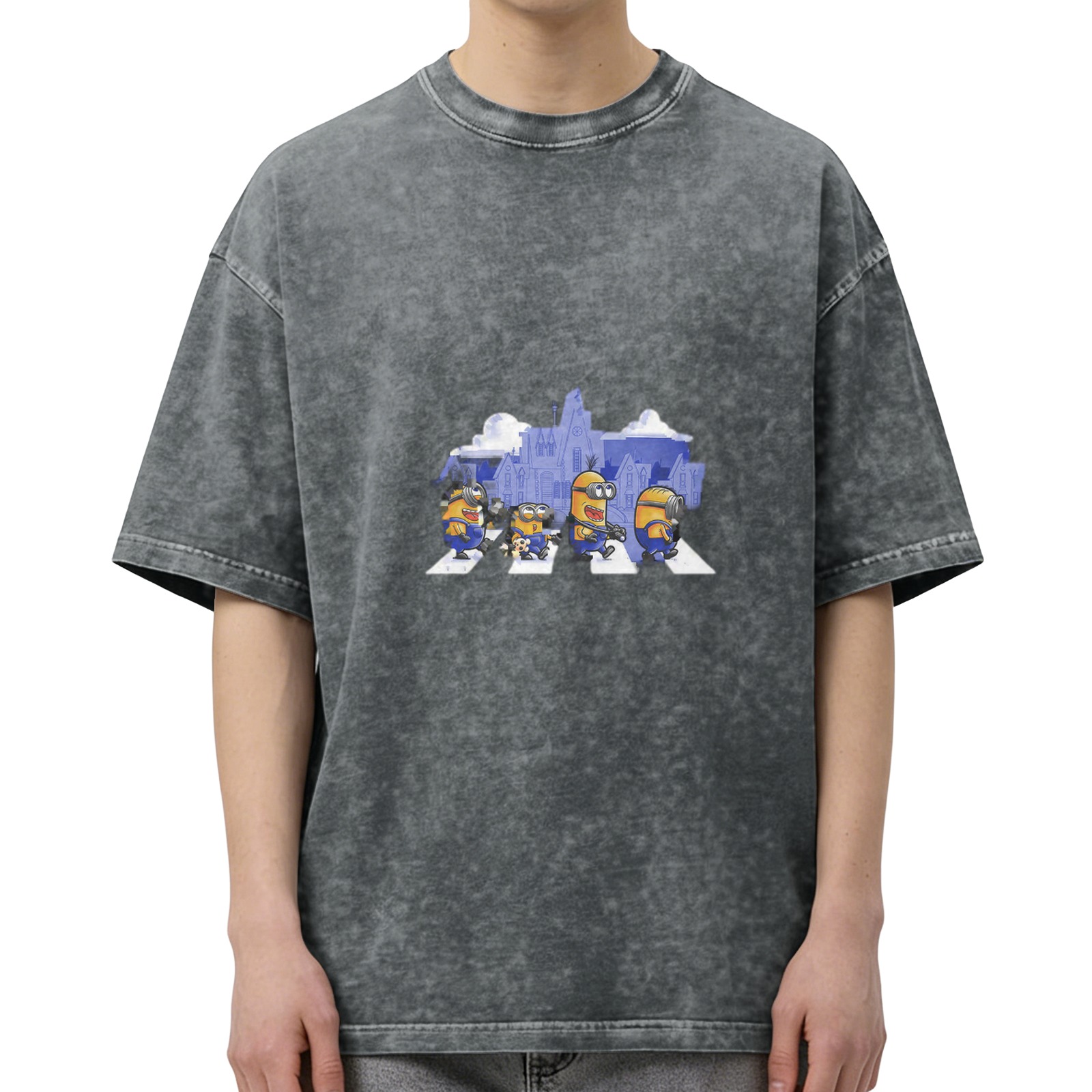 Distressed black short-sleeved T-shirt Minions Abbey Road themed print loose style