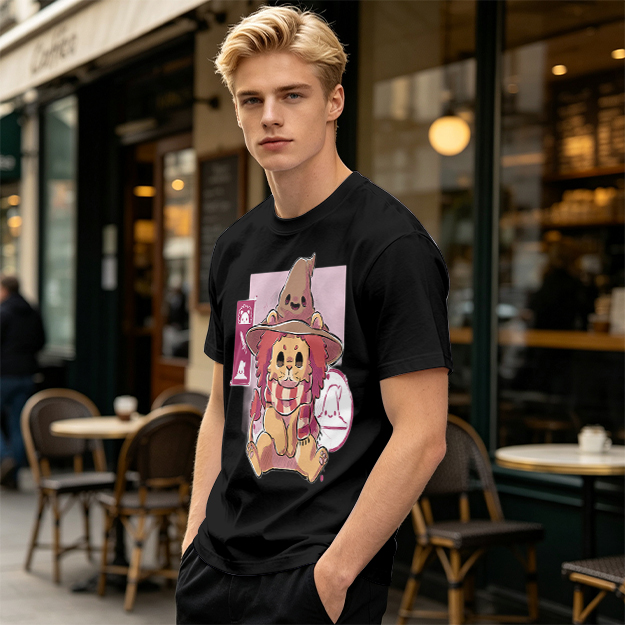 Olive T-Shirt With Cute Lion Wizard Graphic Print