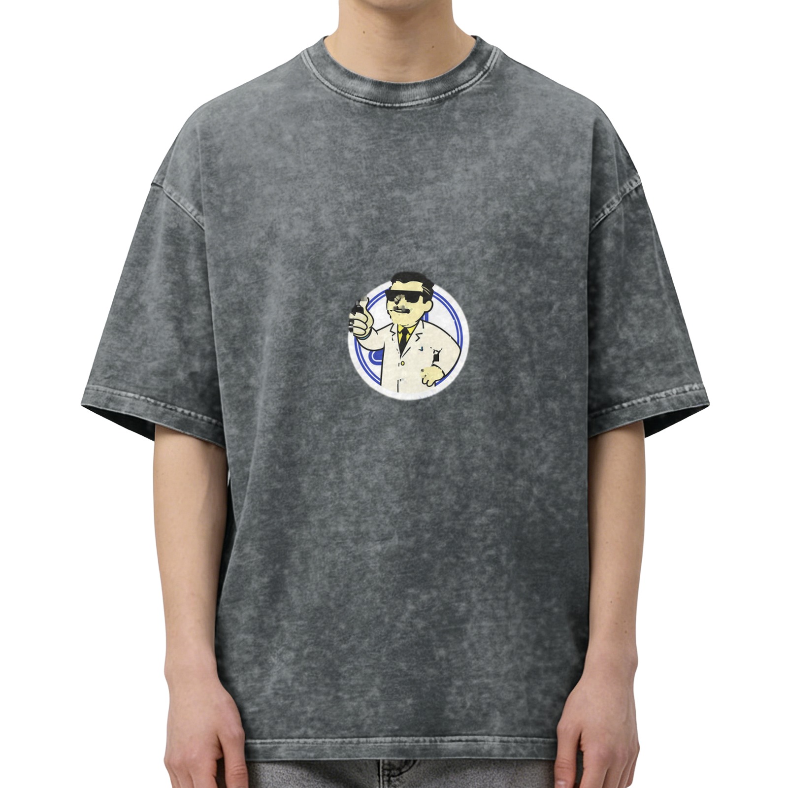 Oversized Acid Wash T-Shirt With Cartoon Scientist Print