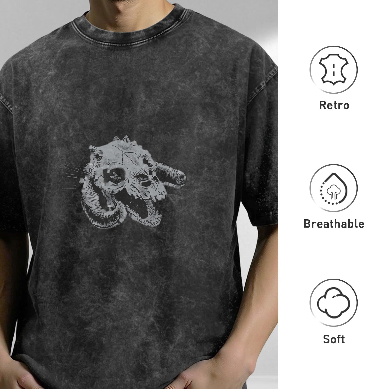Oversized Acid Wash T-Shirt with Ram Skull Graphic Print