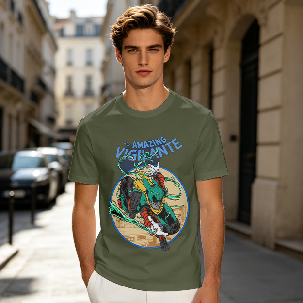 The Amazing Vigilante Graphic Tee Featuring Action Hero Art
