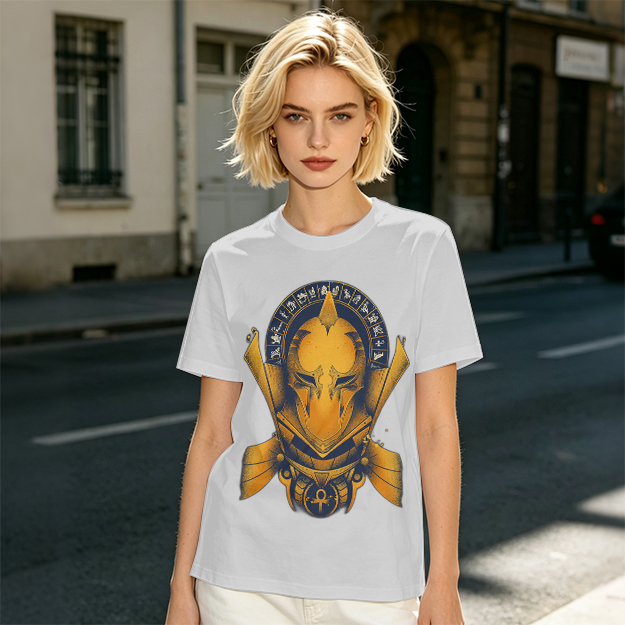 Olive T-Shirt with Ancient Egyptian Style Golden Helmet Print
