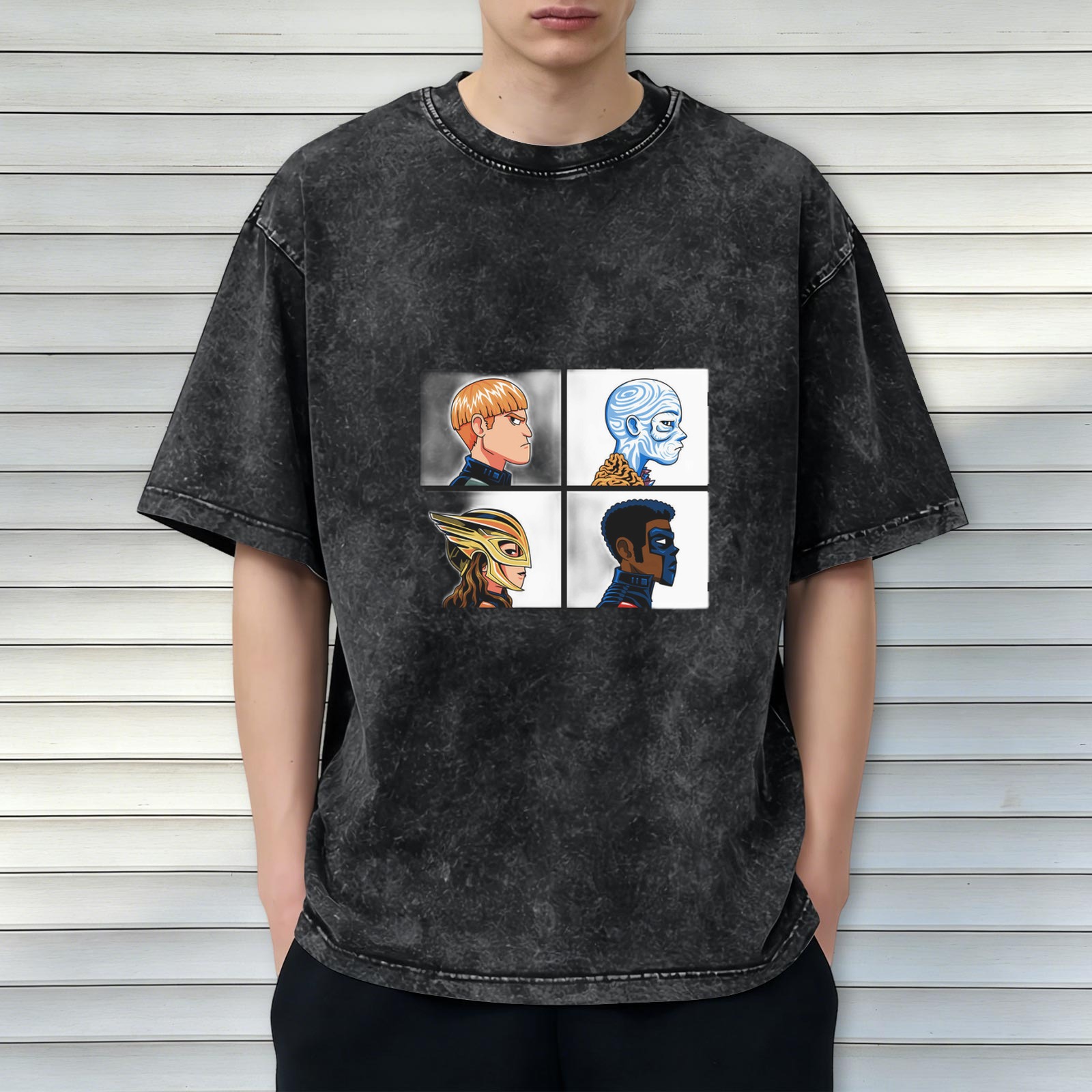 Oversized Dark Wash T-Shirt With Four Superhero Character Portraits