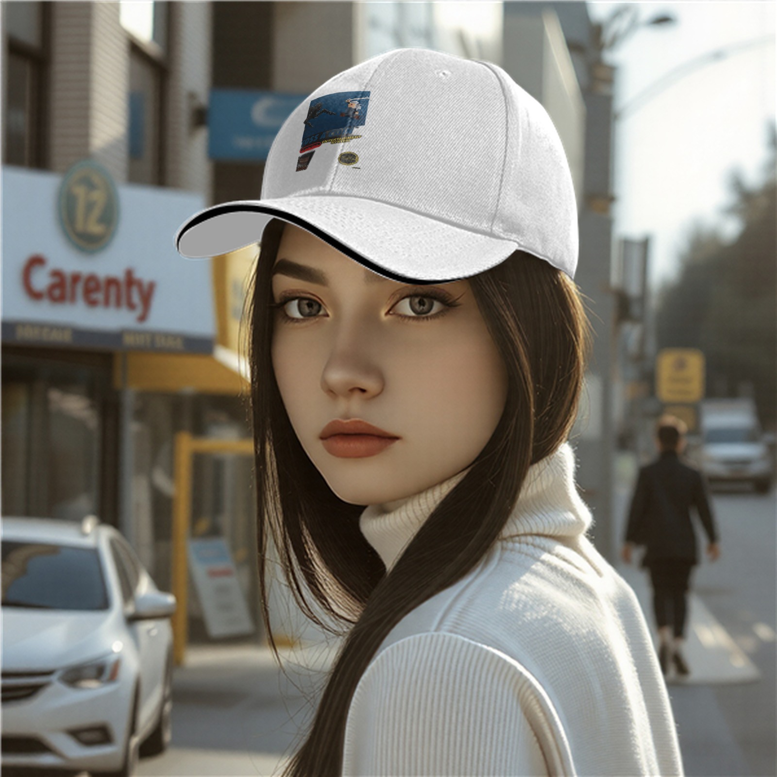 Black baseball cap with retro gaming themed graphic print