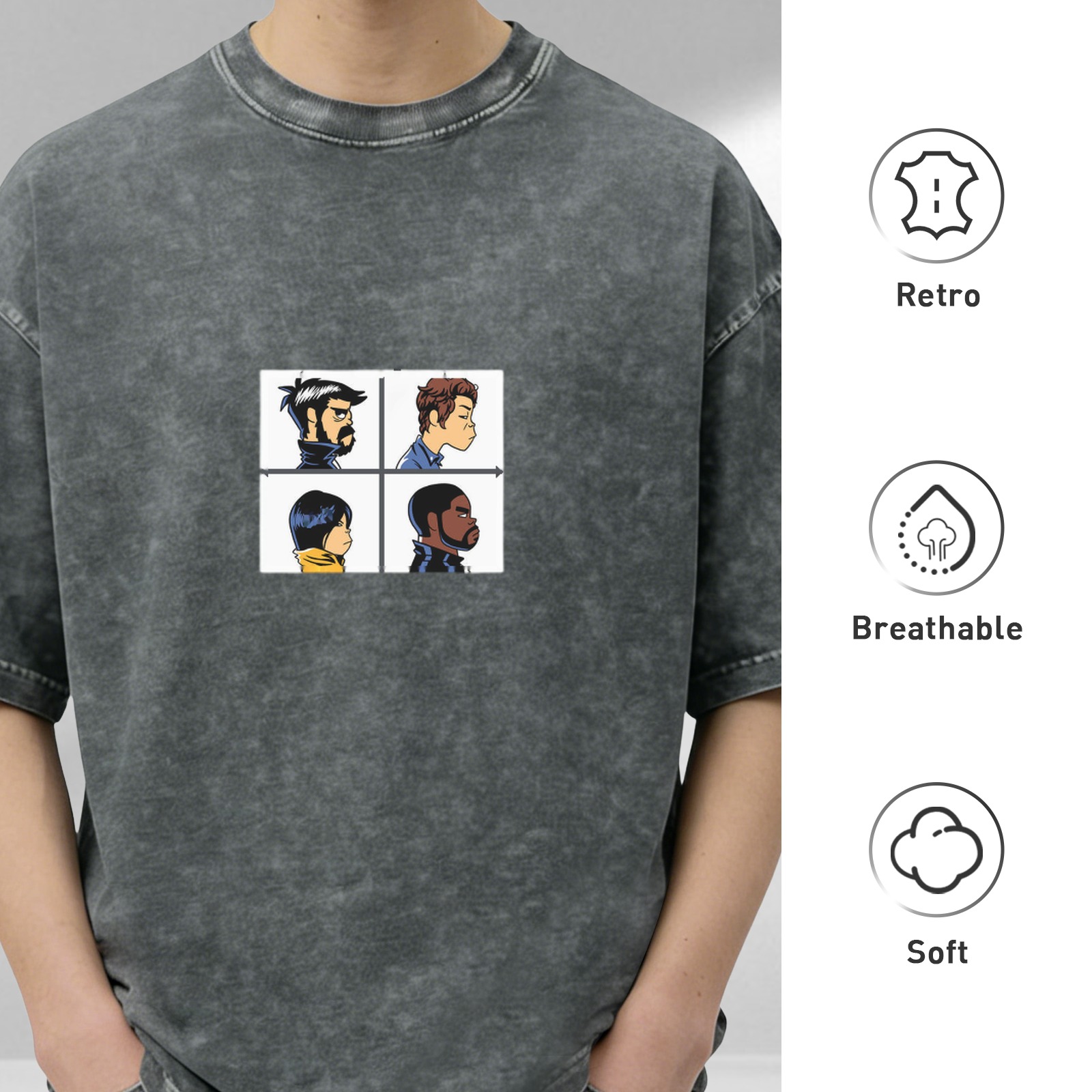 Distressed black short-sleeved T-shirt, four-frame cartoon character print, loose casual top