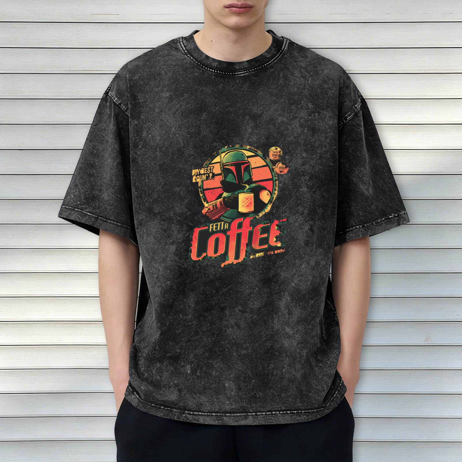 Washed Black Boba Fett Coffee Graphic T-Shirt