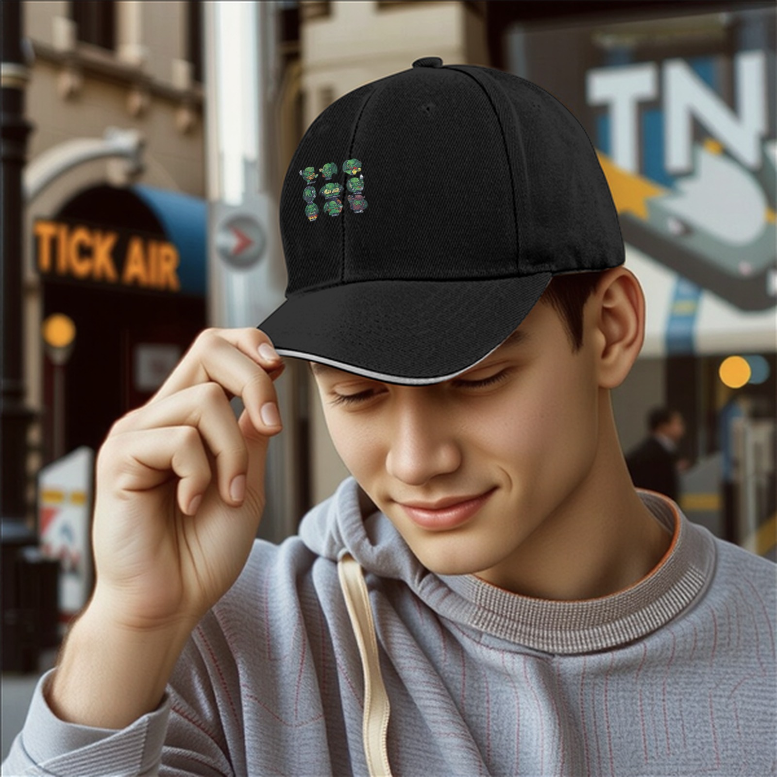 Black baseball cap with small green character grid print