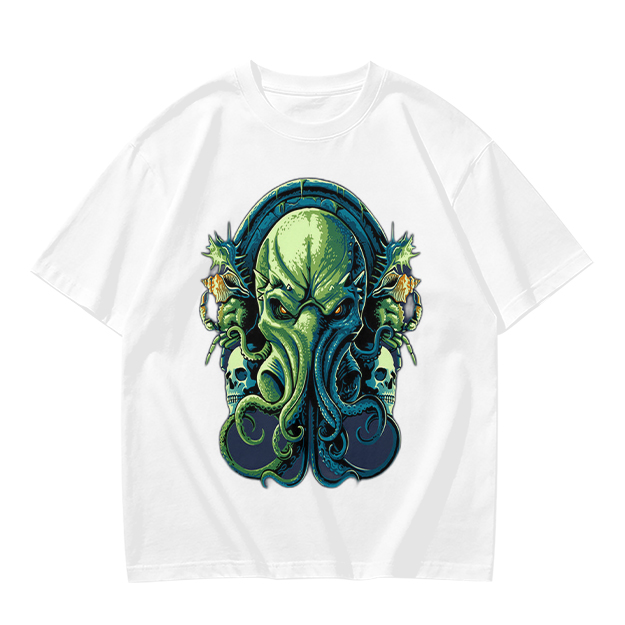 Olive Green T-Shirt With Cthulhu Skull Graphic Print