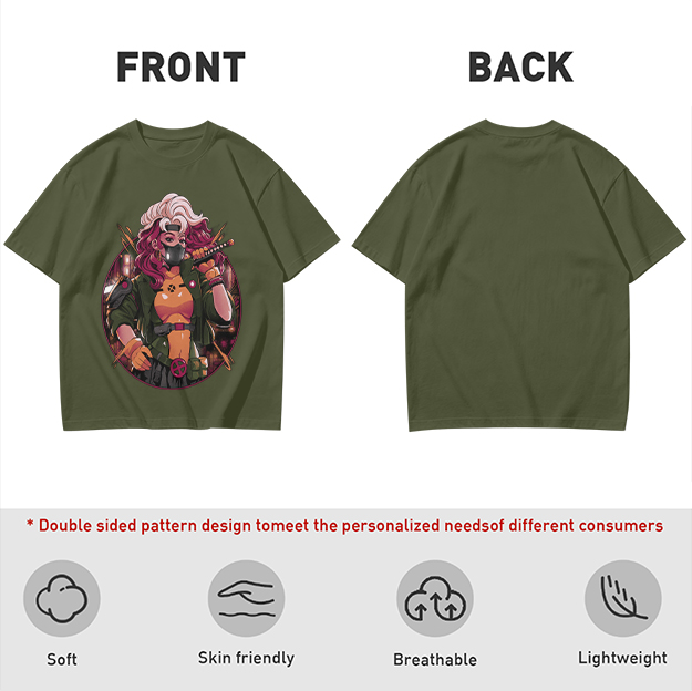 Olive T-Shirt with Anime Cyberpunk Female Warrior Print
