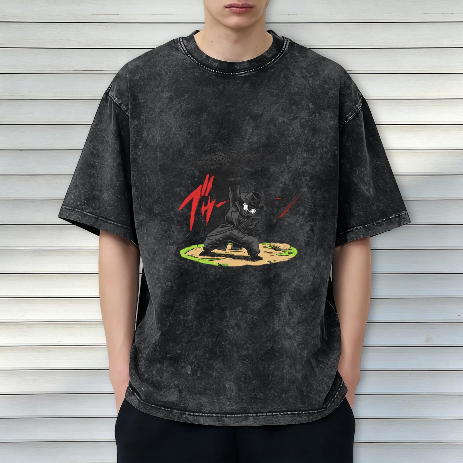 Washed black oversized t-shirt with anime ninja graphic print