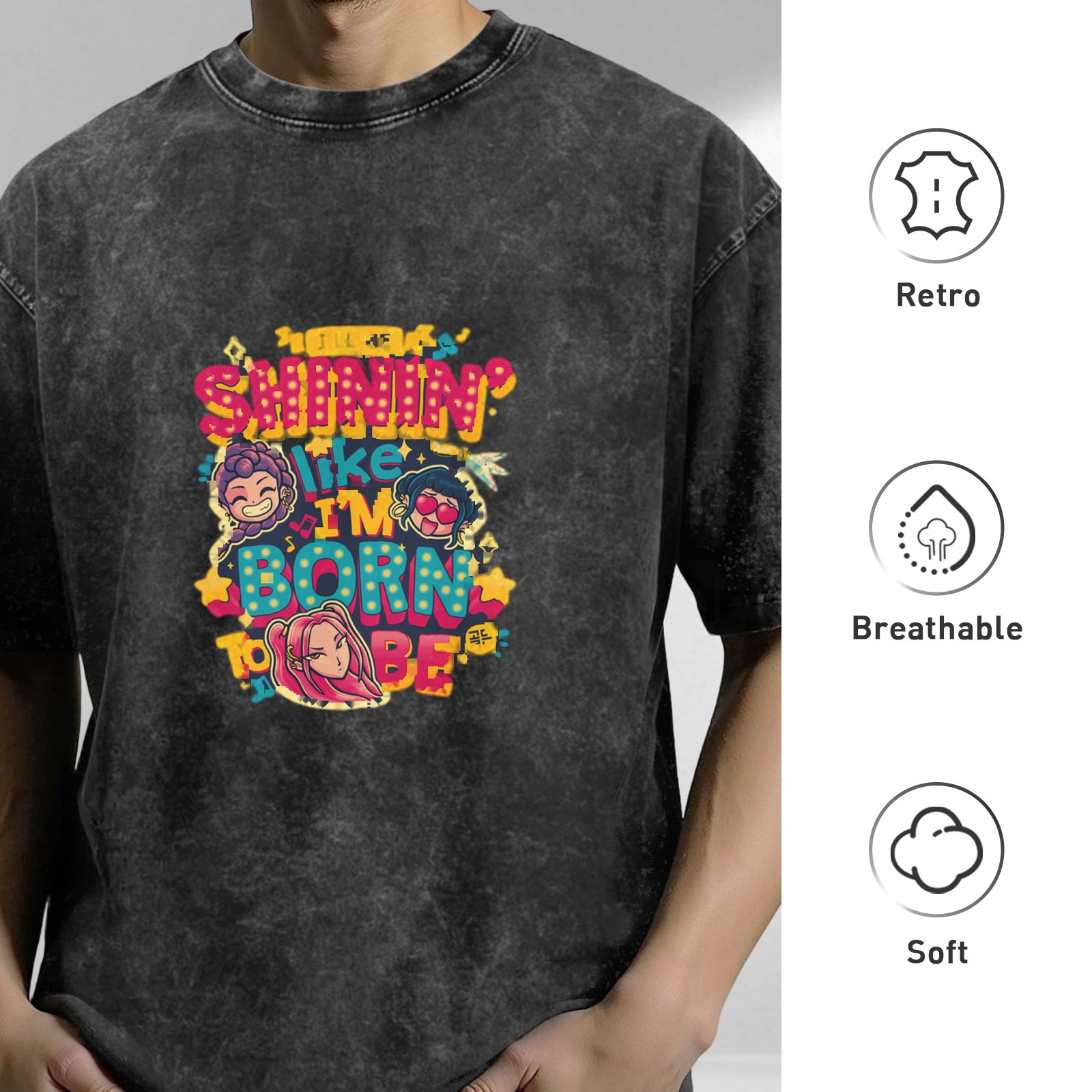 oversized washed black graphic t-shirt with shinin like im born to be print