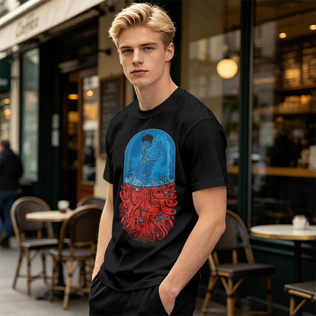 Olive T-Shirt With Surreal Capsule Water Figure Graphic