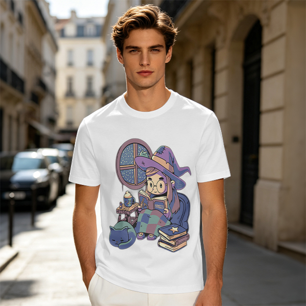 Olive t-shirt with cozy reading witch and cat graphic