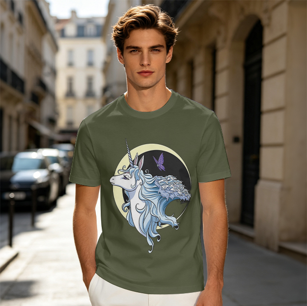 Olive T-shirt with Unicorn and Purple Butterfly Moon Graphic