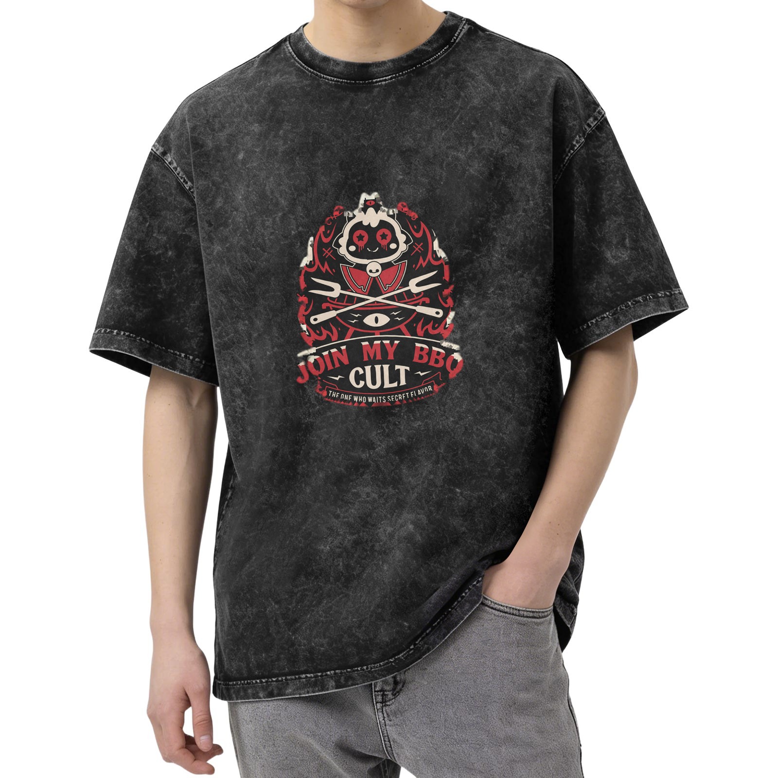 Washed Black Graphic T-Shirt Join My BBQ Cult Design