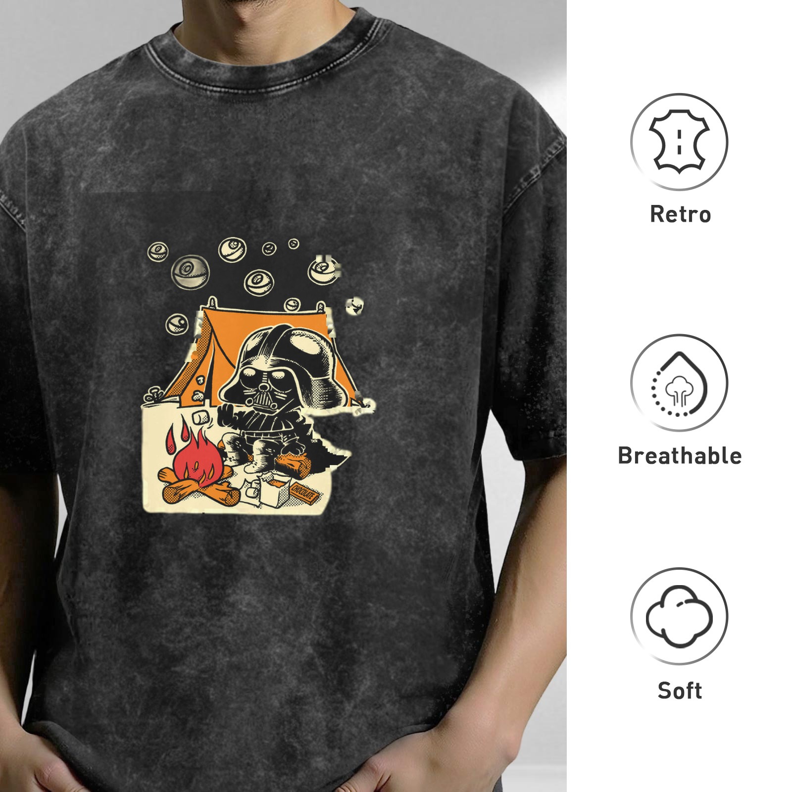 Oversized dark wash t-shirt with cartoon Darth Vader camping graphic