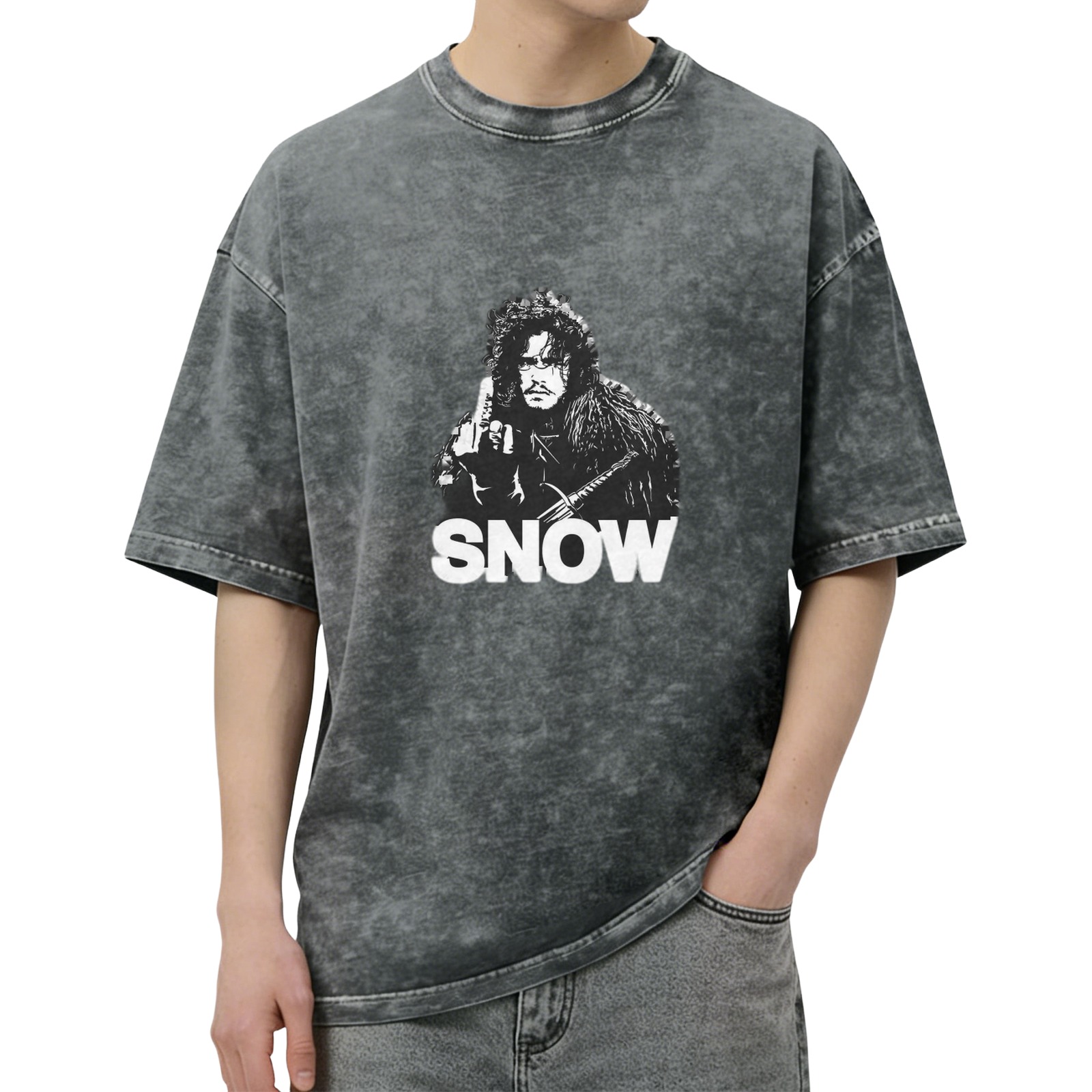 Oversized Stonewashed T-Shirt with Jon Snow Graphic Print