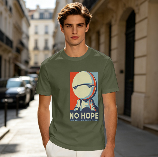 Olive T-shirt with Marvin the Paranoid Android 'No Hope' Print